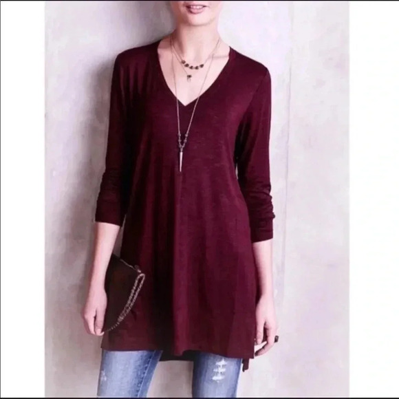 4/$25 Anthropologie Pure + Good V Neck Long Sleeve Hi Lo Tunic Tee Burgundy - Picture 1 of 6